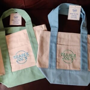(2) NEW Trader Joe's Mini Pastel Canvas Tote Bags - Mint & Sky Blue